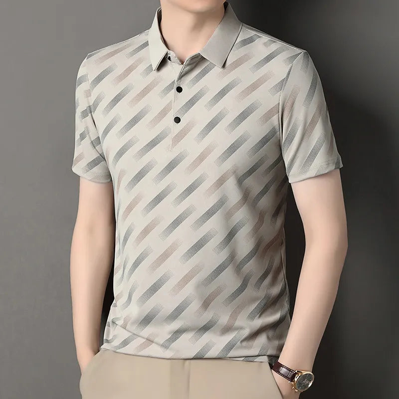 2025 New Men's Business Casual Short Sleeved Printed Polo Shirt Fashionable Breathable Comfortable and Versatile Top