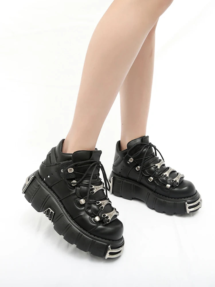 New 2025 Brand Punk Style Women Shoes Lace-up heel height 6CM Platform Shoes Woman Rock Boots Metal Decor Woman Sneakers